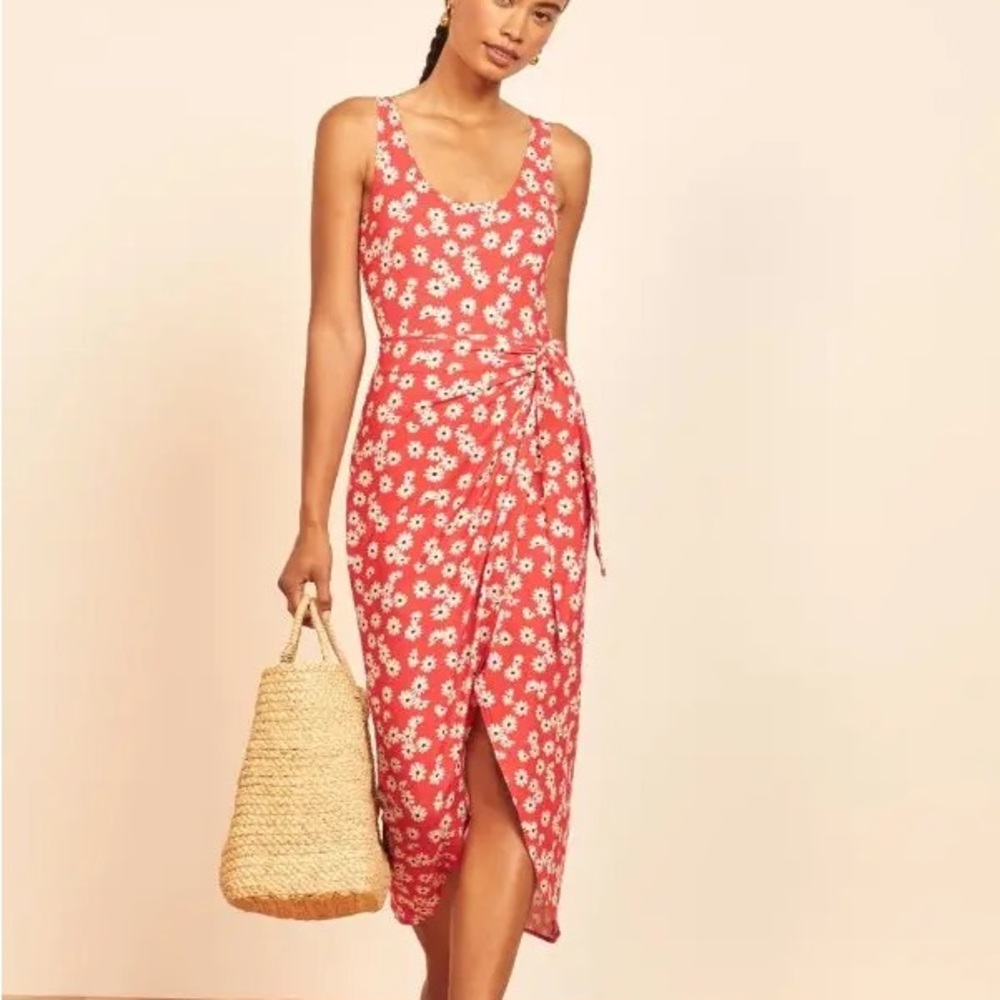 Reformation Kaila Red Daisy Floral Tencel Midi Wrap Dress